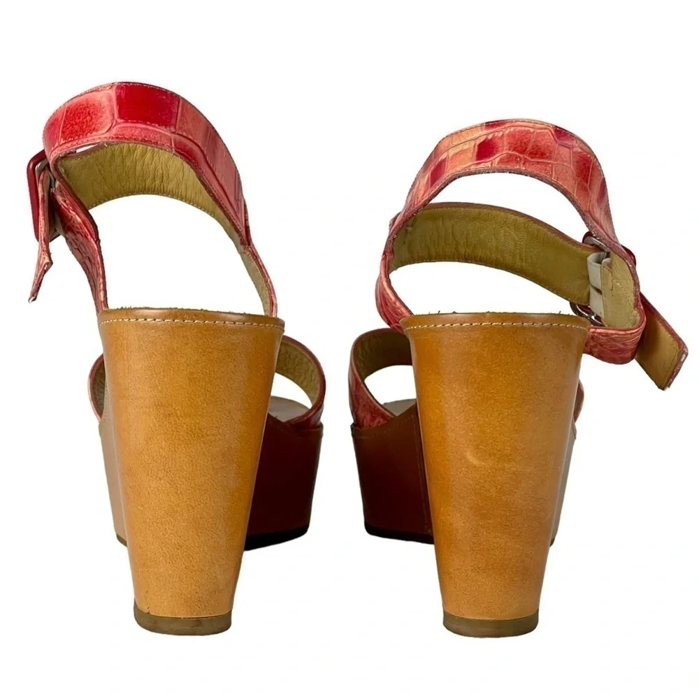 ROBERT CLERGERIE CORAL RED CROCODILE STAMPED PLATFORM WEDGE SANDALS